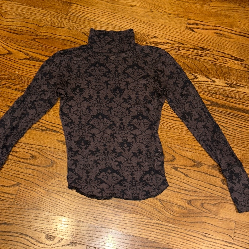 Free People Black and Brown Patterned Long Sleeve Turtleneck Tee
